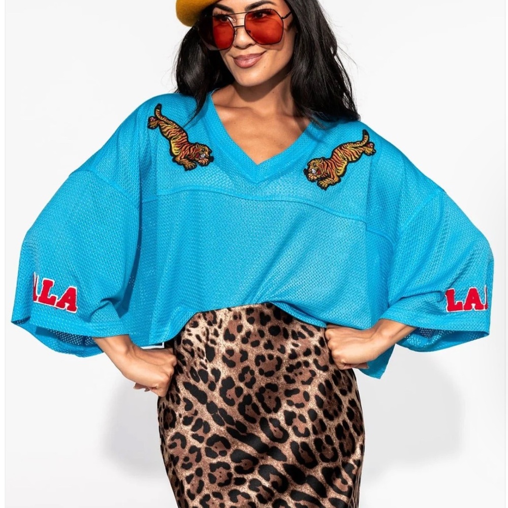 Blue V-Neck Mesh Top with Tiger Patches L/XL NWOT